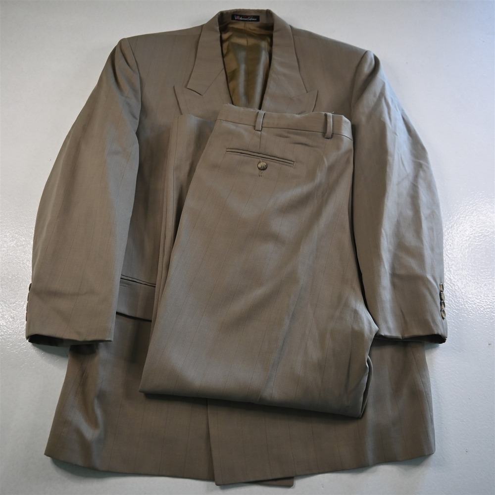 Vtg USA Made 46L 40x30 Khaki Striped Wool Double Breasted Mens Jacket Pants Suit